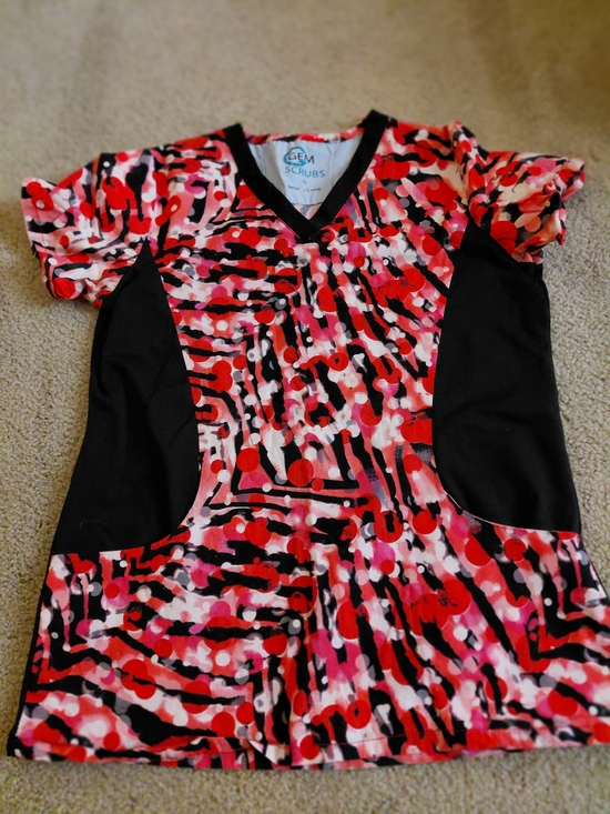 gem scrubs Tops - Gem Scrubs Red, White and Black Printed V-Neck Medical Scrub Top